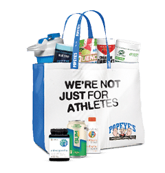 A blue bag with a white label on it that says “On n'est pas juste les athetes" and is filled with various items such as a can of soda, a bottle of lotion, and a bottle of water. AI generated content