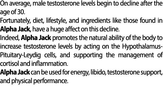 On average, male testosterone levels begin to decline after the age of 30. Fortunately, diet, lifestyle, and ingredie...