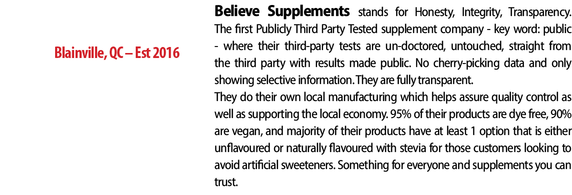 Blainville, QC – Est 2016,Believe Supplements stands for Honesty, Integrity, Transparency. The first Publicly Third P...