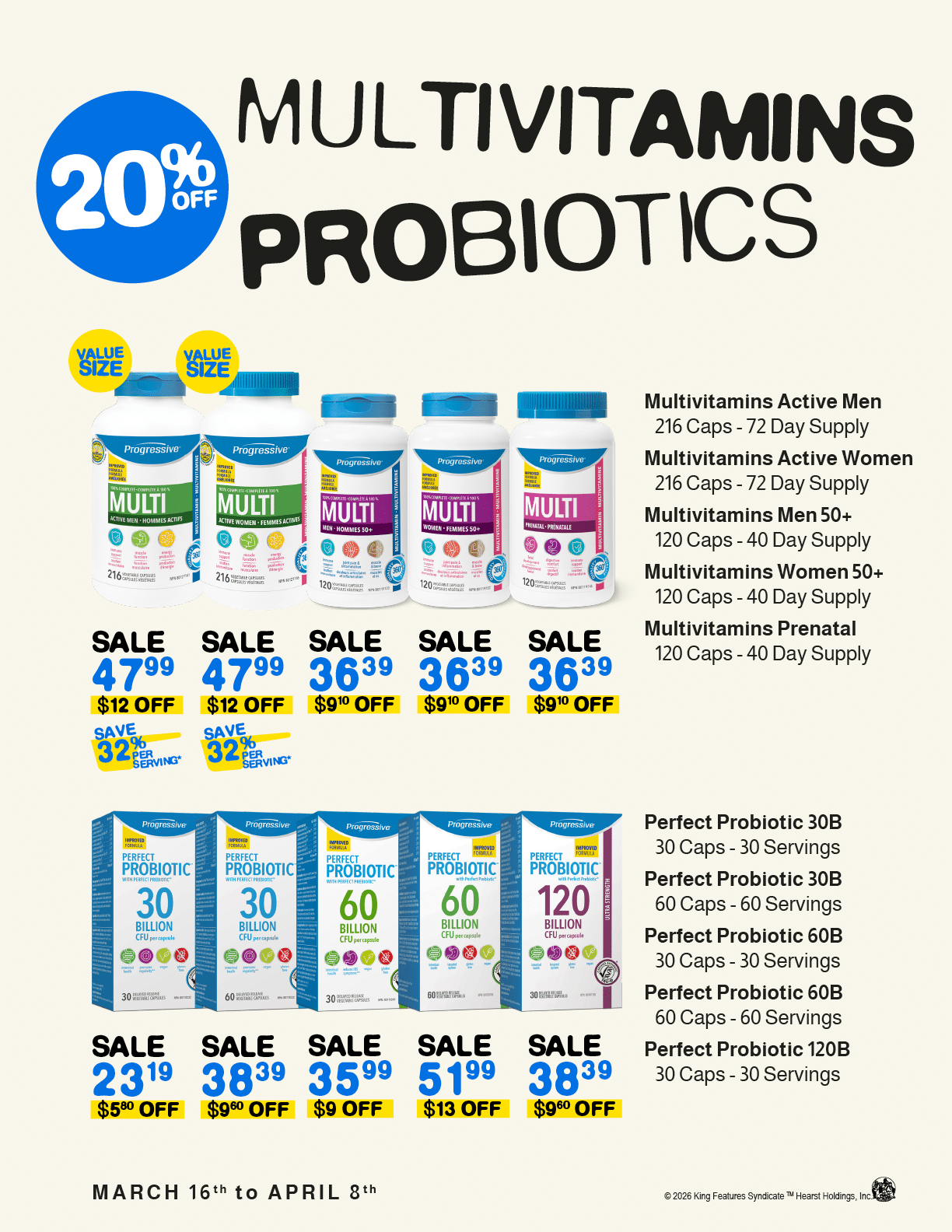 A flyer advertises a sale on multivitamins and probiotics. Contenu g n r  par l’IA
