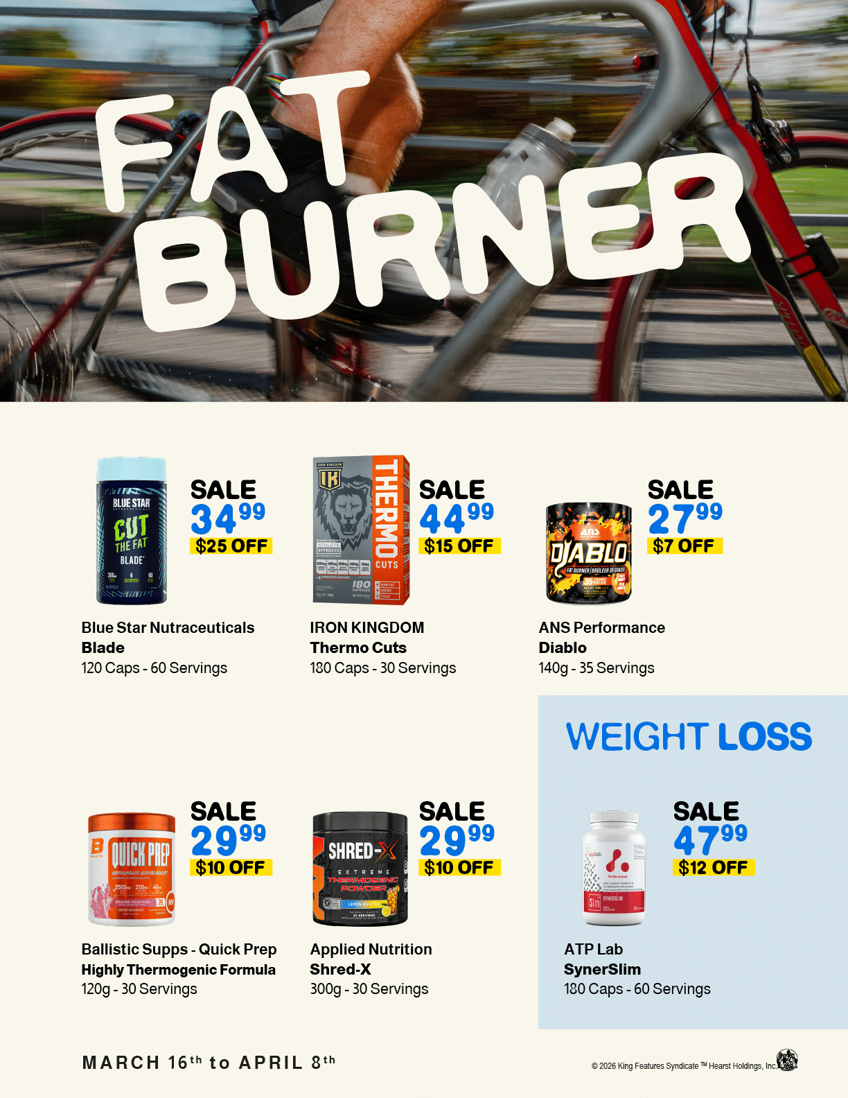 A flyer for a sale of various products including a bicycle, a bottle of water, and a book. Contenu g n r  par l’IA