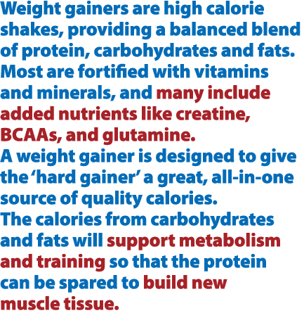 Weight gainers are high calorie shakes, providing a balanced blend of protein, carbohydrates and fats. Most are forti...