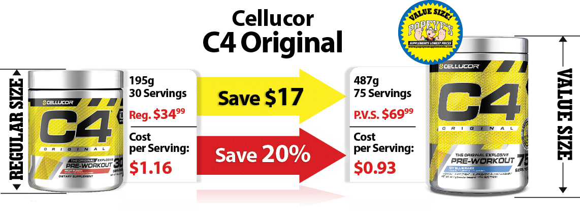 Save $17,Save 20%,Cellucor C4 Original ,487g 75 Servings P.V.S. $6999 Cost per Serving: $0.93,195g 30 Servings Reg. $...
