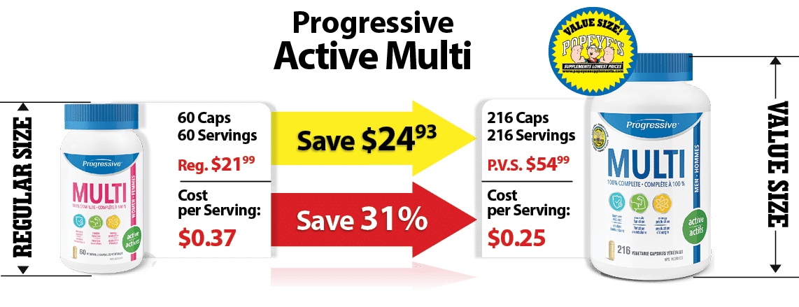Save $2493,Save 31%,Progressive Active Multi ,216 Caps 216 Servings P.V.S. $5499 Cost per Serving: $0.25,60 Caps 60 S...
