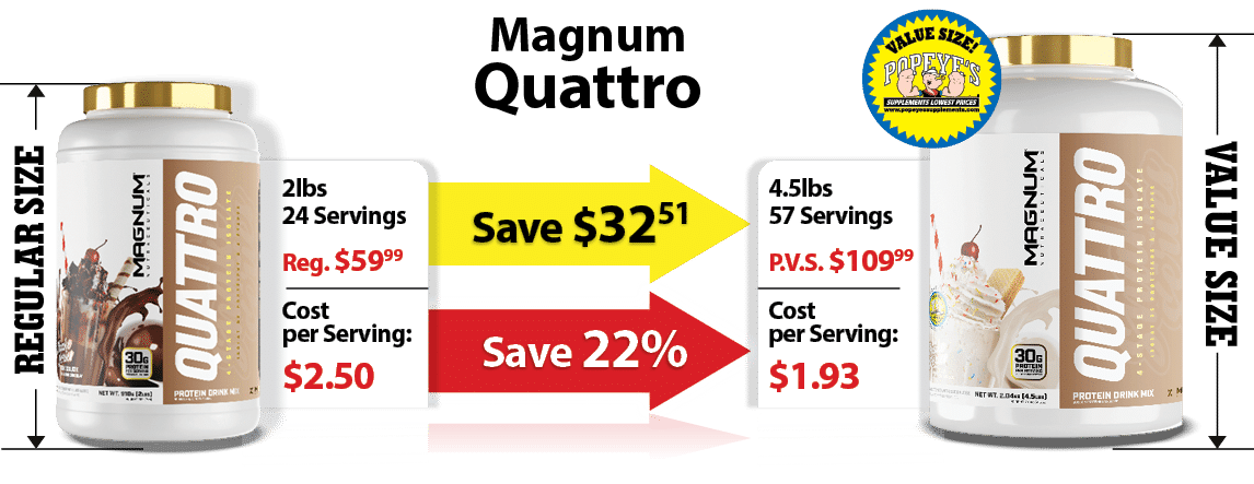 Save $3251,Save 22%,Magnum Quattro ,4.5lbs 57 Servings P.V.S. $10999 Cost per Serving: $1.93,2lbs 24 Servings Reg. $5...