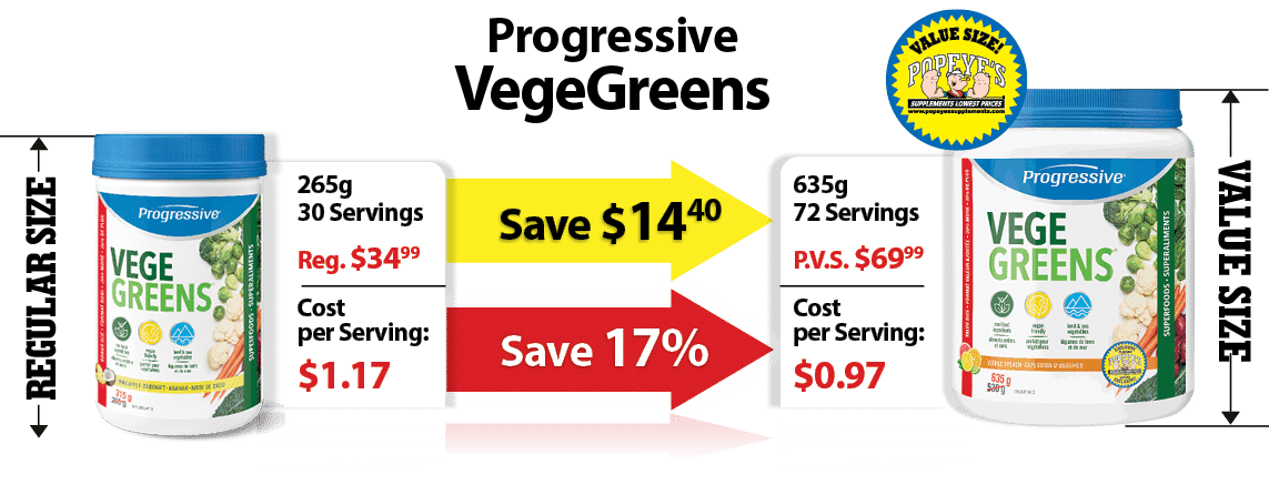 Save $1440,Save 17%,Progressive VegeGreens ,635g 72 Servings P.V.S. $6999 Cost per Serving: $0.97,265g 30 Servings Re...