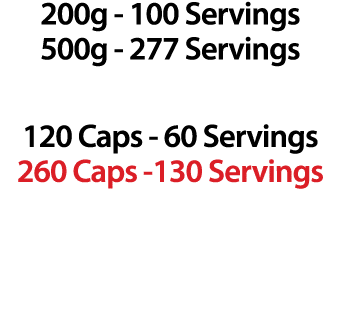 200g 100 Servings 500g 277 Servings 120 Caps 60 Servings 260 Caps 130 Servings