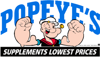 A cartoon man with Popeye's logo on his shirt. Description generated by AI